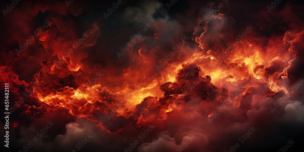 Black red abstract background. Toned fiery red sky. Flame and smoke effect. Fire background with space for design