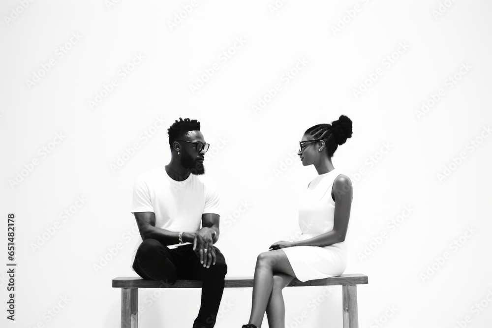 a casual black couple sitting talking on a white leather bench