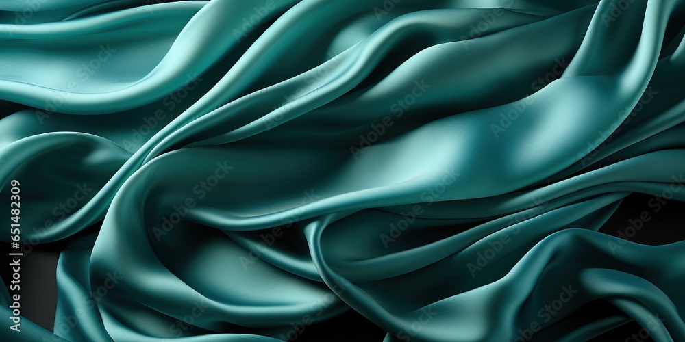 Fototapeta premium Blue green silk satin. Soft wavy folds. Shiny silky fabric. Dark teal color elegant background with space for design