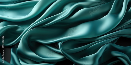 Blue green silk satin. Soft wavy folds. Shiny silky fabric. Dark teal color elegant background with space for design