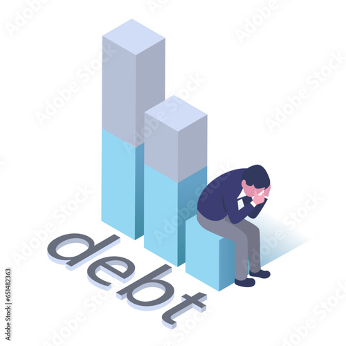 vector isometric illustration of debt and bankruptcy,a man depress for debt