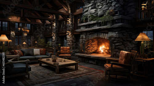 Rustic Mountain Lodge Lounge Inspired by mountain lodges  featuring exposed stone  timber beams  and a massive fireplace 