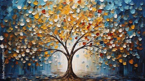 Multicolor abstract autumn tree painting . Colorful leaves forming a Tree of Life. Dark gold and aquamarine, eco, earthy color palettes, textured illustration
