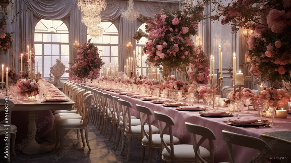 Banquet hall in the restaurant. Concept: Serving. Celebration. Anniversary. Wedding : Generative AI