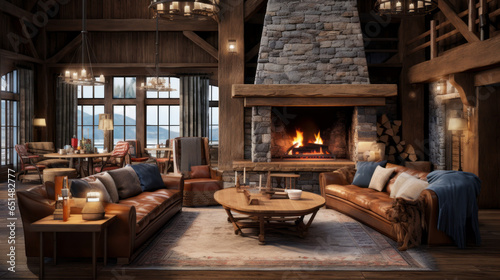 Rustic Ski Lodge Lounge Reminiscent of a rustic ski lodge with wooden beams, stone fireplace, and cozy furnishings, including plaid upholstery