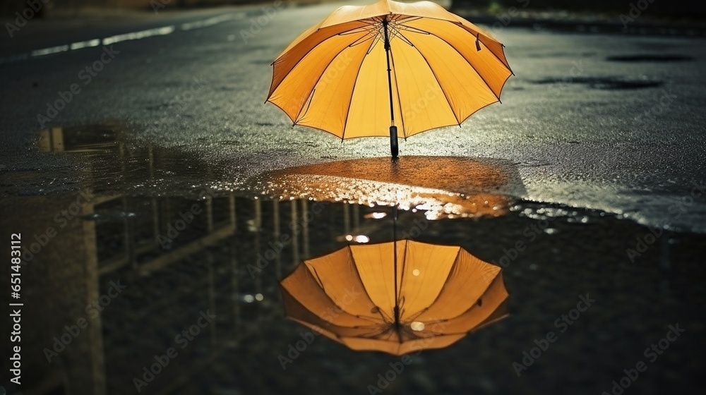 reflection umbrella in puddle, wet asphalt natural background. rainy weather season. flat lay. copy space : Generative AI