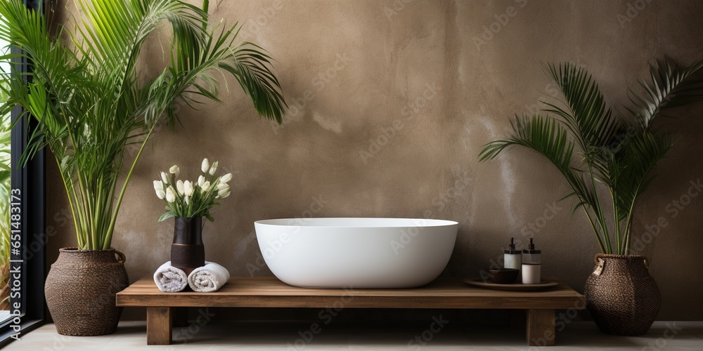 Loft, modern interior mockup with empty frame on concrete textured wall with tropical plants on the floor. Luxury hotel resort background for bathroom. Vacation template