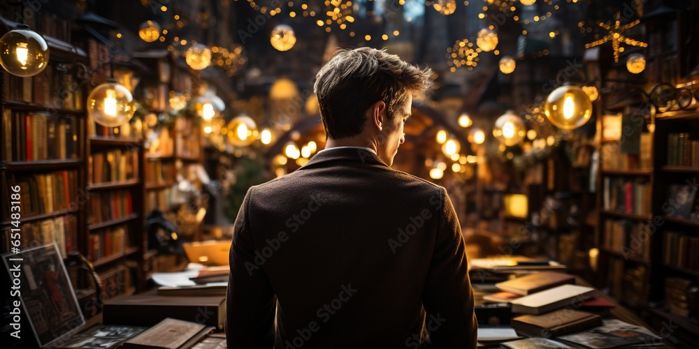 Man reading book in library, library, man's back view