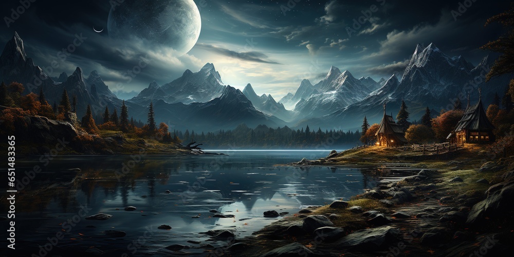 Night mountain lake, lunar landscape, big moon, old village in the background