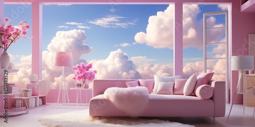 Modern barbie pink and blue bedroom with pink bed, window, and beautiful clouds