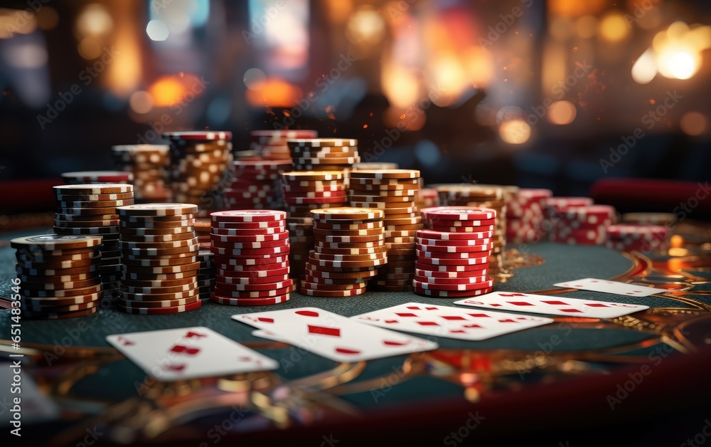 Poker player with playing cards and chips at a casino table in casino. Generative AI Poker player with playing cards and chips at a casino table in casino. Generative AI