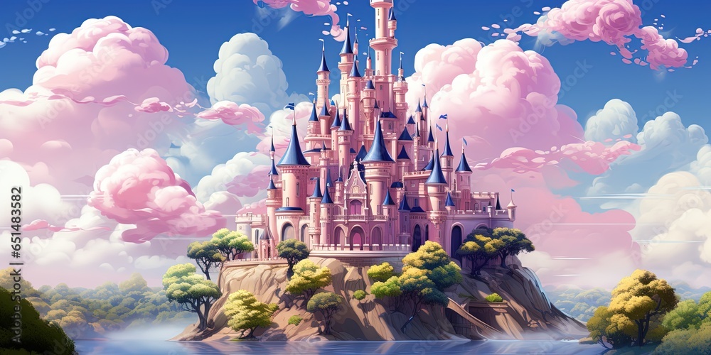 Pink royal castle floating on island in sky. Vector cartoon illustration of magic medieval palace flying on piece of land, green grass, tree, white clouds around, game level platforms, fantasy kingdom - obrazy, fototapety, plakaty 