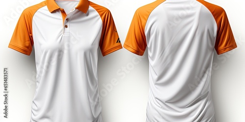 Plain white polo shirt mockup design. with an orange collar. front and rear view. isolated on transparent background photo