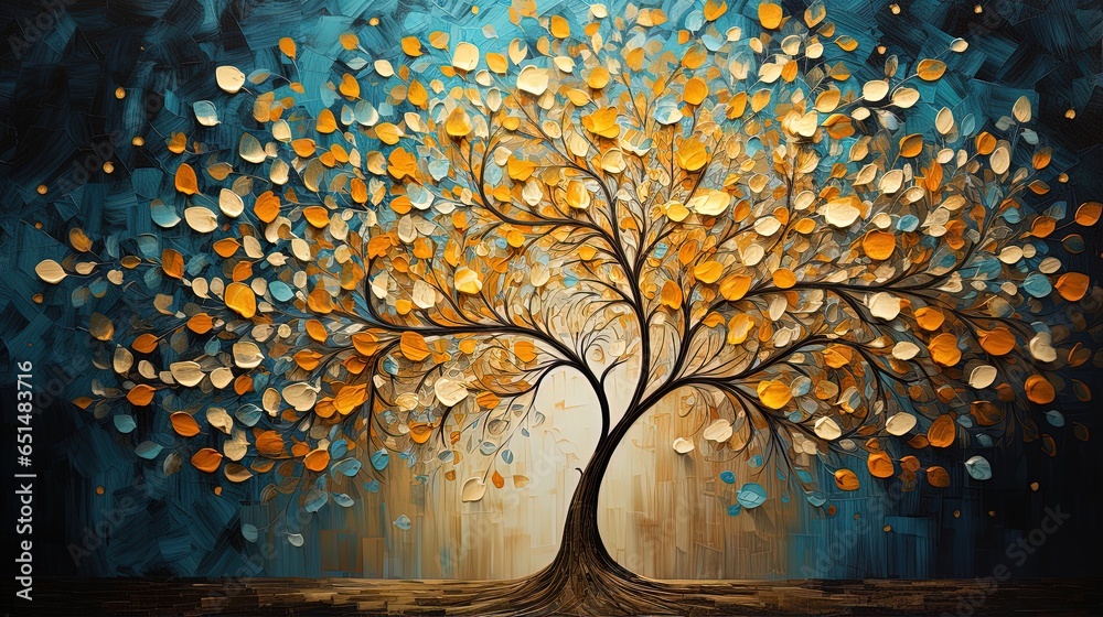 Multicolor abstract autumn tree painting . Colorful leaves forming a Tree of Life. Dark gold and aquamarine, eco, earthy color palettes, textured illustration
 - obrazy, fototapety, plakaty 