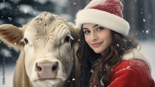 Pretty young girl in red winter jacket, white hat and squared pants posing with young black and white bull at the white Christmas farm. Snowing. : Generative AI photo