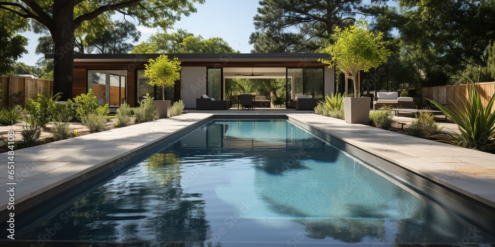 The fenced backyard of a newly built house features a rectangular swimming pool with tan concrete borders. The fenced backyard of a newly built house features a rectangular swimming pool with tan concrete borders.