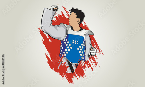 Athlete rejoices in his victory in the martial arts of taekwondo. Abstract background. Vector illustration.
