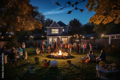 Suburban backyard, twilight, children in various Halloween costumes, gathering around a fire pit, toasted marshmallows, laughing, parents supervising from a distance