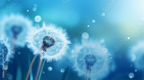 Dandelion Seeds in the drops of dew on a beautiful blurred background. Dandelions on a beautiful blue background. Drops of dew sparkle on the dandelion. : Generative AI