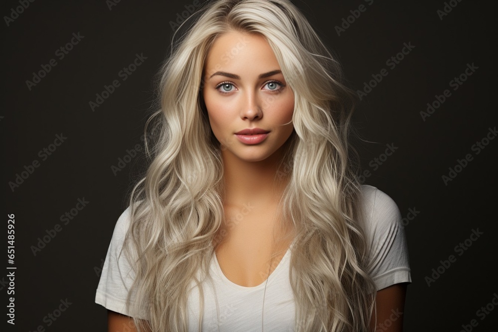 Pretty smiling joyfully female with fair hair, dressed casually, looking with satisfaction at camera, being happy. Studio shot of good-looking beautiful woman isolated against blank st : Generative AI Pretty smiling joyfully female with fair hair, dressed casually, looking with satisfaction at camera, being happy. Studio shot of good-looking beautiful woman isolated against blank st : Generative AI