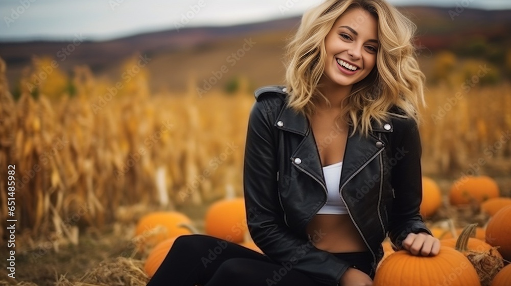 Beautiful young woman with blond hair in leather jacket sitting on a pumpkin's field and smile. Autumn background. . High quality photo : Generative AI Beautiful young woman with blond hair in leather jacket sitting on a pumpkin's field and smile. Autumn background. . High quality photo : Generative AI