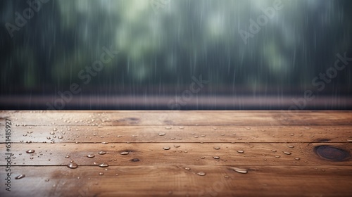 Wood table top on rain drops on clear window - can be used for display or montage your products : Generative AI © Generative AI