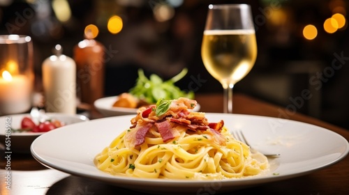 Serving of carbonara pasta and glass of white wine in restaurant. Focus is at the pasta and glass. : Generative AI
