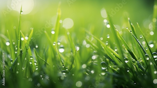 Fresh green grass with dew drops closeup. Nature Background : Generative AI