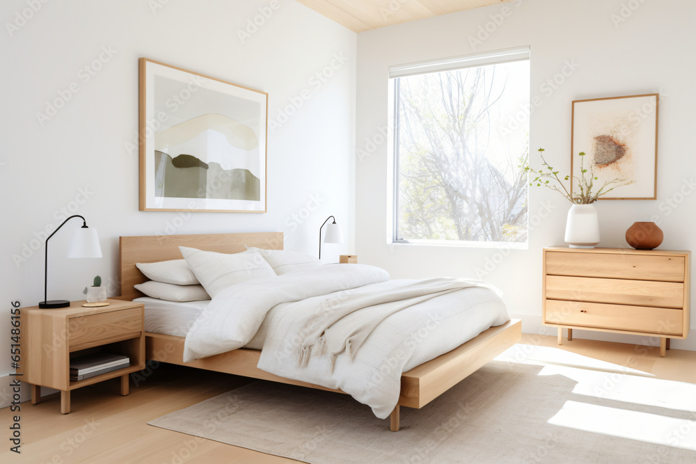 serenity of a Scandinavian-inspired bedroom adorned with light wood furniture, pristine white walls, and a snug bed dressed in soothing neutral bedding. The space is tastefully adorned with minimalist