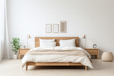serenity of a Scandinavian-inspired bedroom adorned with light wood furniture, pristine white walls, and a snug bed dressed in soothing neutral bedding. The space is tastefully adorned with minimalist