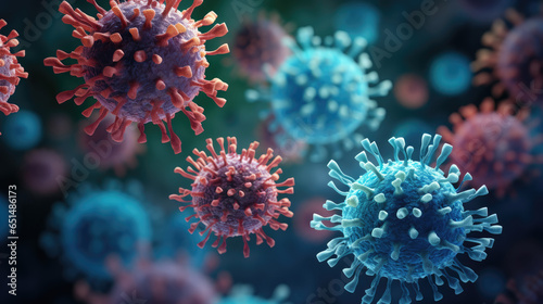 Virus cells, flu and coronavirus, set against a blue background, microscopic world of pathogens. Virus under microscope. © eugenegg