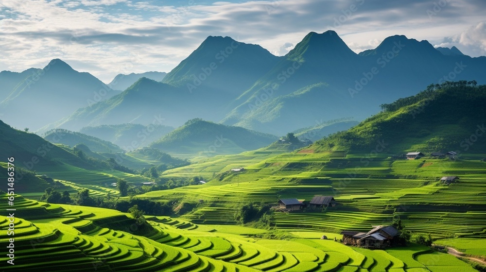 Panorama Green rice field with mountain background : Generative AI Panorama Green rice field with mountain background : Generative AI