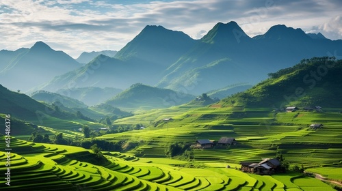 Panorama Green rice field with mountain background : Generative AI © Generative AI