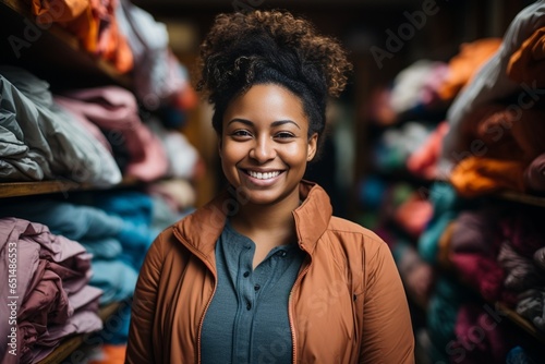 Fashion industry, black woman and designer portrait of clothing tailor with business vision. Smile, startup and small business entrepreneur with happiness and business growth feeling w : Generative AI