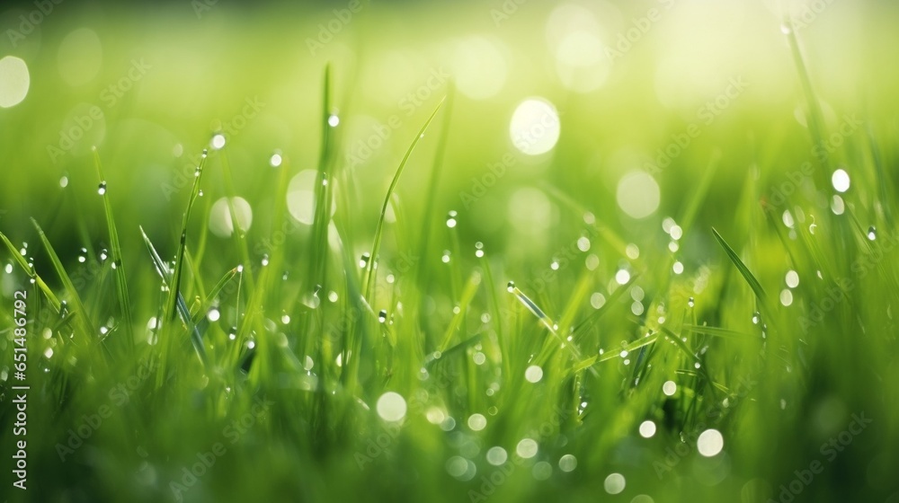 Fresh green grass with dew drops in sunshine on auttum and bokeh. Abstract blurry background. Nature background. Texture. copy space. : Generative AI - obrazy, fototapety, plakaty 