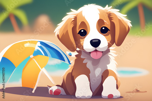 Acute puppy at the beach. Generative AI