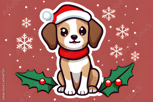 A puppy wearing Christmas hat winter background. Generative AI © Sangmin