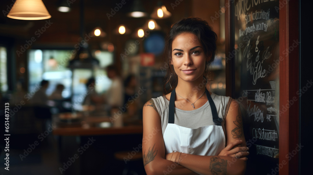 Cheerful young waitress in an apron near a glass door and looking at the camera. Generative AI Cheerful young waitress in an apron near a glass door and looking at the camera. Generative AI