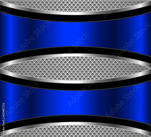 Silver blue chrome metal 3D background, lustrous and shiny metallic design with interesting holes pattern.