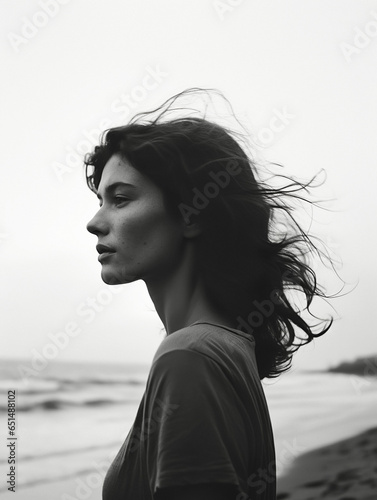 A moody black and white portrait of a free-spirited woman by the ocean.