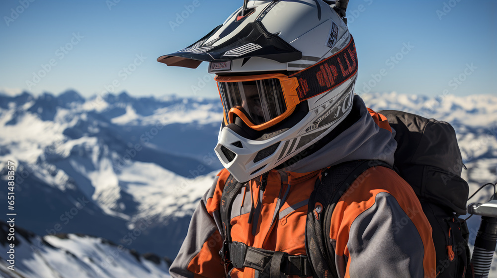 skier with helmet on the top of mountain skier with helmet on the top of mountain
