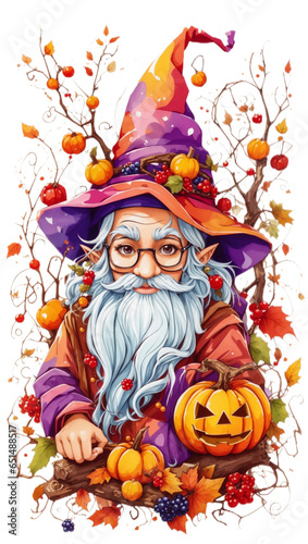 Magical Halloween Wizard Casting Spooky Spells with a Pumpkin Hat