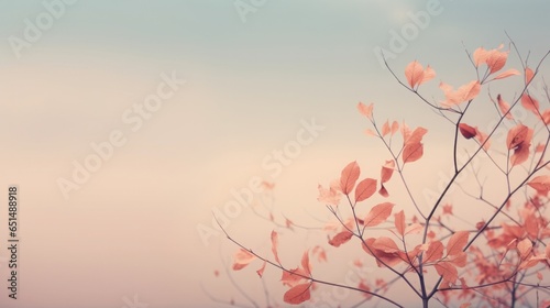 Minimalist concept of branch of a tree in the autumn with leaves, light pastel pink background. Copy space on the left.