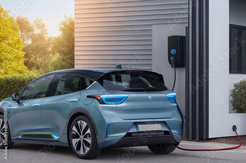 Charging an Electric Vehicle Hybrid Car at a Modern Residential Building.