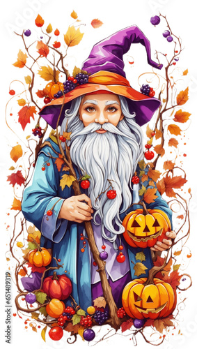 Magical Halloween Wizard Casting Spooky Spells with a Pumpkin Hat