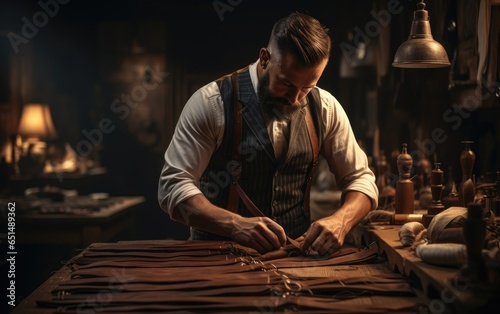 Tailor male working near wooden table in amazing atelier with antique furniture. Generative AI