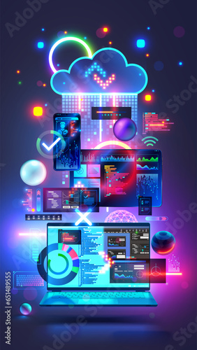 Digital computer technology concept. Software development. Internet cloud technology. Laptop, tablet, phone, elements interface in cyberspace. Design UX UI interface. Software dev vertical banner.