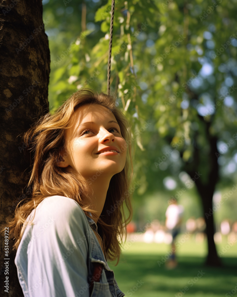 Smiling young woman enjoying nature. Casual day in park. City park serenity. Urban leisure with happy young woman in outdoor nature. Beauty woman enjoying her time outside in park. Smiling young woman enjoying nature. Casual day in park. City park serenity. Urban leisure with happy young woman in outdoor nature. Beauty woman enjoying her time outside in park.