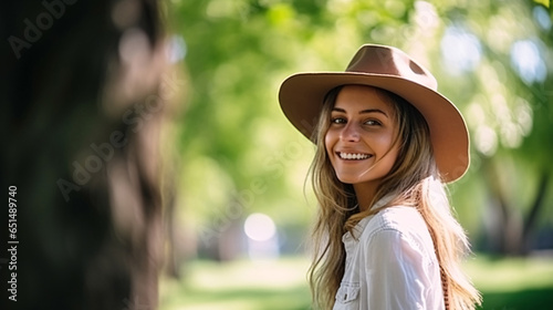 Smiling young woman enjoying nature. Casual day in park. City park serenity. Urban leisure with happy young woman in outdoor nature. Beauty woman enjoying her time outside in park.