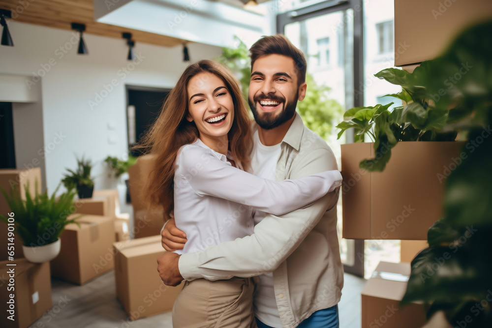 Young happy married couple in their new home after moving in. Unpacking boxes after moving into a new apartment. New homeowners. Mortgage. Rental of property. Young happy married couple in their new home after moving in. Unpacking boxes after moving into a new apartment. New homeowners. Mortgage. Rental of property.